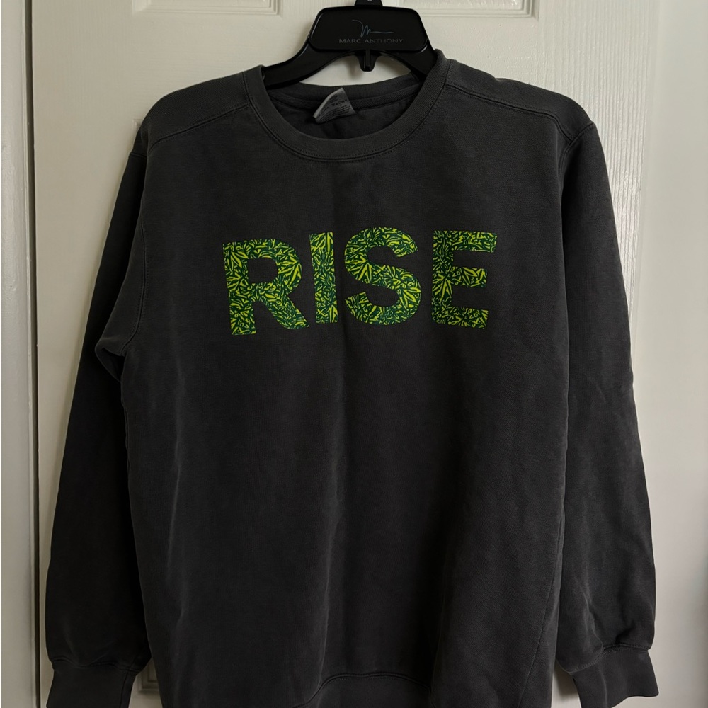 Rise Dispensaries Gray Sweater with Green Leaf Logo Print